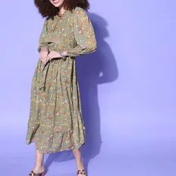plusS Women Taupe Floral Volume Play Dress-picture-56