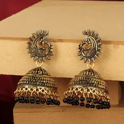 ANIKAS CREATION Gold-Plated & Black Dome Shaped Jhumkas-44