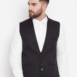 even Men Solid Black Nehru Jacket-0