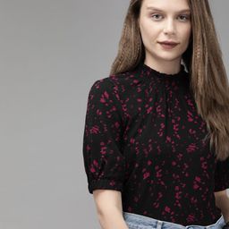The Roadster Lifestyle Co Black & Pink Abstract Smocked Top-image-46
