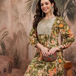 Sangria Women Floral Printed Sequined Zari Work Empire Style A-Line Kurta-53