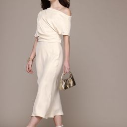 MANGO Draped One-Shoulder Neck Satin Finish Midi Dress-image-26