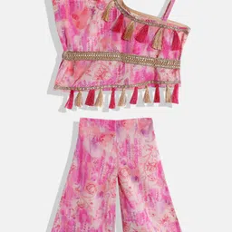 Readiprint Fashions Girls Pink Floral Printed Regular Gotta Patti Pure Cotton Top with Palazzos-image-52