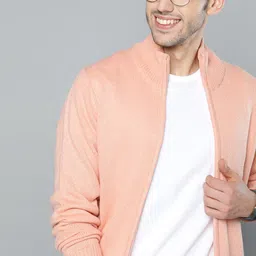 Mast & Harbour Men Peach-Coloured Solid Cardigan Sweater-picture-32