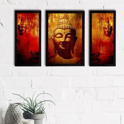 eCraftIndia Set Of 3 Orange & Red Meditating Lord Buddha Satin Matt Textured UV Art Painting-6