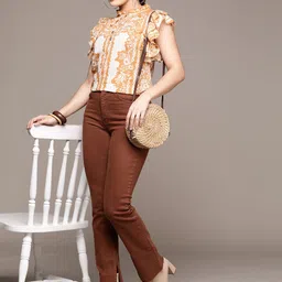 Label Ritu Kumar Floral Print Tie-Up Neck Flared Sleeves Ruffles Cotton Top-image-75