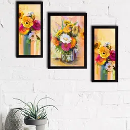 eCraftIndia Set of 3 Yellow & Green Botanical and Floral Satin Matt Textured UV Wall Art-image-54