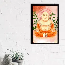 eCraftIndia Beige & Orange Meditating Laughing Buddha Satin Matt Textured UV Wall Painting-image-41