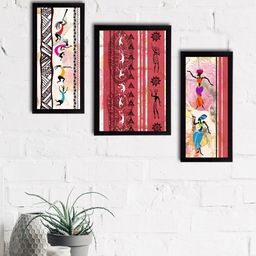 eCraftIndia Set Of 3 Red & Black Tribal Theme Satin Matt Texture UV Wall Art-12