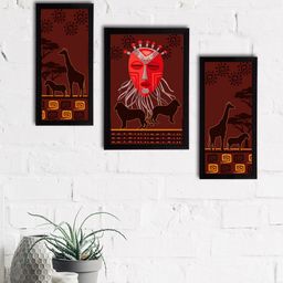 eCraftIndia Set of 3 Maroon & Yellow Tribal Theme Satin Matt Textured UV Art Paintings-22