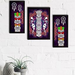 eCraftIndia Set of 3 Purple & White Tribal Theme Satin Matt Textured UV Wall Paintings-image-93