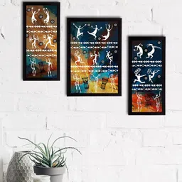 eCraftIndia Set of 3 Blue & Brown Tribal Theme Satin Matt Texture Framed UV Art Paintings-image-54