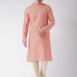 LAMAAYA Men Orange & Cream-Coloured Woven Design Kurta with Churidar-16