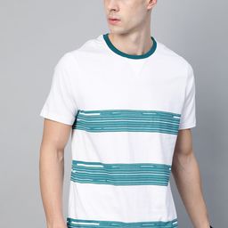 Roadster Men White  Teal Blue Striped Round Neck Pure Cotton T-shirt-image-83