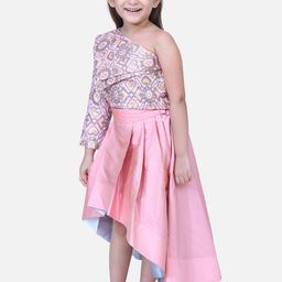 Fairies Forever Girls Pink & Grey Self Design Top with Skirt-image-96