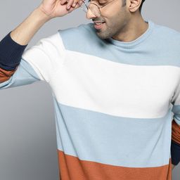 Mast & Harbour Men Blue & White Colourblocked Pullover-image-51