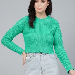 Cayman Women Green Ribbed Crop Acrylic Pullover Sweater-image-97
