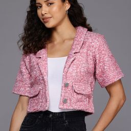 BROOWL Self Design Single-Breasted Woollen Tweed Crop Blazer-70