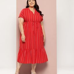 Sztori Plus Size Cotton Linen Tie-Up Striped A-Line Midi Dress-14