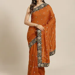 flaher Mustard Brown & Golden Embroidered Saree-picture-0