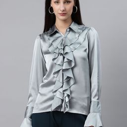 plusS Women Grey Solid Ruffle Detail Partywear Shirt-image-17