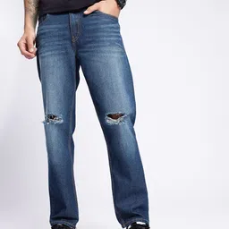 glitchez Men Grunge Style Relaxed Fit Slash Knee Light Fade Jeans-picture-16