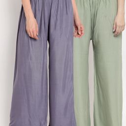 TAG 7 Women Sage Green & Steel Grey Pack of 2 Solid Flared Palazzos-32