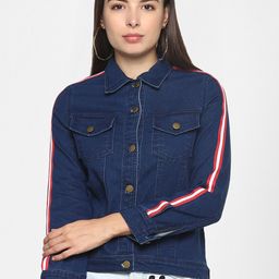 StyleStone Women Blue Striped Denim Jacket-image-10