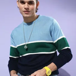 Mast & Harbour Men Blue & Green Striped Pullover-picture-45