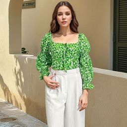 Stylecast X Hersheinbox Floral Printed Square Neck Puff Sleeves Tie-Ups Crop Top-picture-1