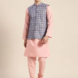 SOJANYA Men Pink & Blue Solid Kurta with Churidar & Nehru Jacket-picture-19