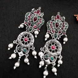 Sangria German Silver-Plated Stones-Studded & Beaded Drop Earrings-image-91