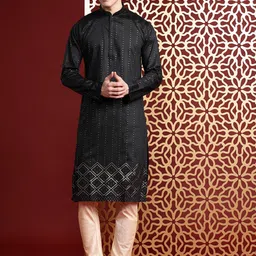 MANQ Men Embroidered Sequinned Pure Cotton Kurta with Churidar-picture-30