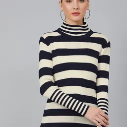 Cayman Women Navy Blue & Off-White Striped Acrylic Pullover-image-54