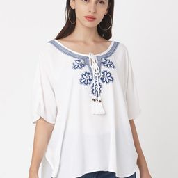 Saanjh Women White & Blue Embroidered A-Line Top-image-53