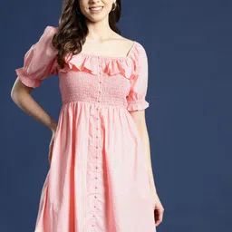 Mast & Harbour Puff Sleeve Smocked Ruffled Fit & Flare Dress-image-11