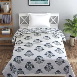 Trance home Linen Aangan Blue White 210 GSM Pure Cotton Reversible Single Bed Size Dohar-image-99