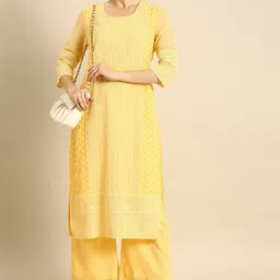 Anouk Women Yellow Chikankari Embroidered Kurta with Palazzos-image-69