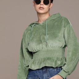 The Roadster Lifestyle Co. Velvet Finish Smocked Hooded Sweatshirt-picture-20