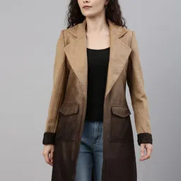 Campus Sutra Women Tan Brown Ombre-Dyed Suede Longline Overcoat-image-95