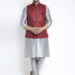 Benstoke Men Silver-Toned Solid Kurta with Churidar and Nehru jacket-3