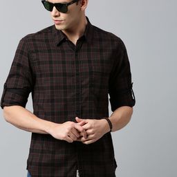 Roadster Men Coffee Brown & Black Regular Fit Checked Sustainable Casual Shirt-picture-44