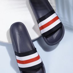Mast & Harbour Men Navy Blue & White Striped Sliders-12