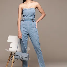 bebe Blue Denim Daze Strapless Jumpsuit with Belt-image-33