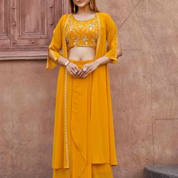 Tikhi Imli Yellow Floral Embroidered Georgette Top With Skirt & Shrug-image-20