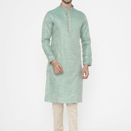 Manyavar Men Green & Cream Woven Design Kurta with Pyjamas-image-91