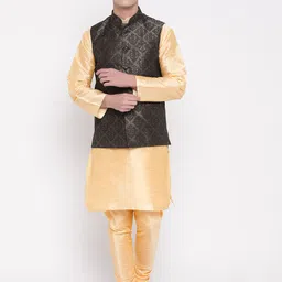 MAG Men Cream-Coloured & Charcoal Grey Solid Kurta with Churidar & Nehru Jacket-13