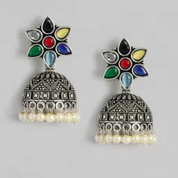 AITIHYA Silver-Plated Dome Shaped Beads & Stones Oxidised Jhumkas-15