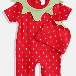 Moms Love Infant Girls Strawberry Design Pure Cotton Romper With Cap-11