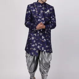 VASTRAMAY Men Blue & Grey Floral Printed Asymmetric Silk Sherwani With Dhoti Pants-picture-31